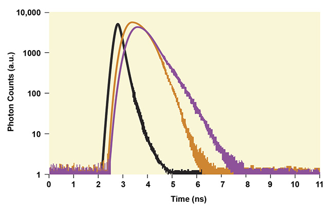 Figure 2. Graphical rendering of typical decay profiles measured with time-resolved NIR spectroscopy (purple and orange curves). The instrumental response function (black). Courtesy of MKS Instruments.