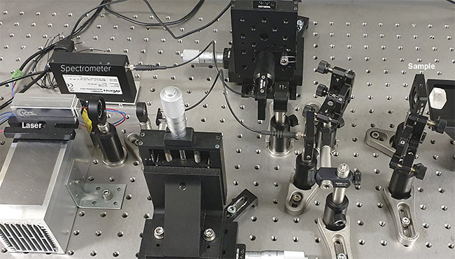 A 266-nm wavelength laser in a laboratory Raman spectroscopy setup. Compact deep UV lasers could enable lower-power and more portable systems for remote explosives detection. Courtesy of UVC Photonics.