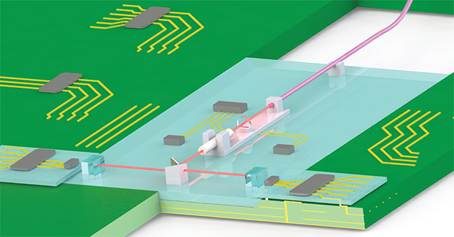 Figure 2. Optical systems, such as an optical interferometric sensing platform, can be integrated into a multifunctional glass board. Courtesy of Fraunhofer IZM.