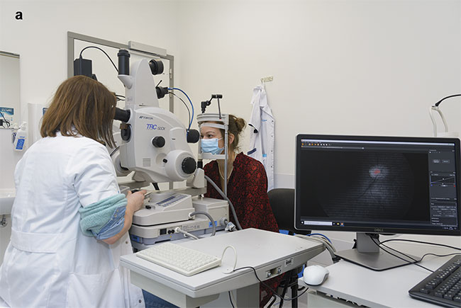 Figure 4. The eye examination setup in the Alzheimer’s disease study conducted at the university hospital UZ Leuven using a fundus camera (a) with an integrated hyperspectral camera (b). Courtesy of UZ Leuven.