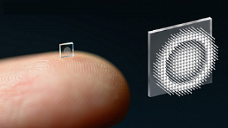 Researchers at Princeton University and the University of Washington have developed an ultracompact camera the size of a grain of coarse salt. The system relies on a metasurface, which is studded with 1.6 million cylindrical structures and can be produced much like a computer chip. Courtesy of E. Tseng, S. Colburn, J. Whitehead, L. Huang, S.H. Baek, A. Majumdar, and F. Heide. 