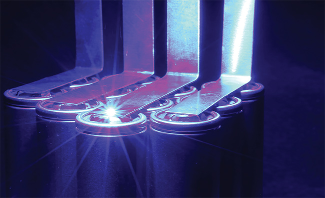 A blue diode laser welds EV battery parts. Blue lasers provide high-speed and spatter-free welding of copper. Courtesy of Laserline.