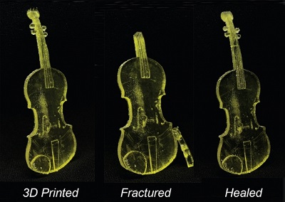 Researchers at UNSW have shown how 3D printed items treated with a trithiocarbonate, such as this violin, can self-heal when placed under UV light. Courtesy of UNSW.