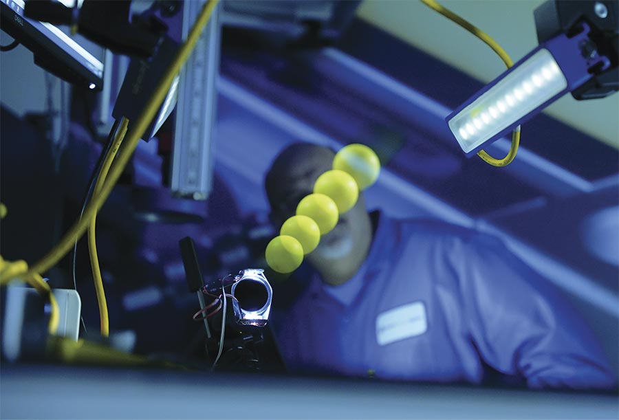 Author Steve Kinney experiments with Ping-Pong balls and a Shop-Vac to demonstrate ultrahigh-speed image capture using an LZE300 NanoDrive light and an Allied Vision camera. Courtesy of Smart Vision Lights.