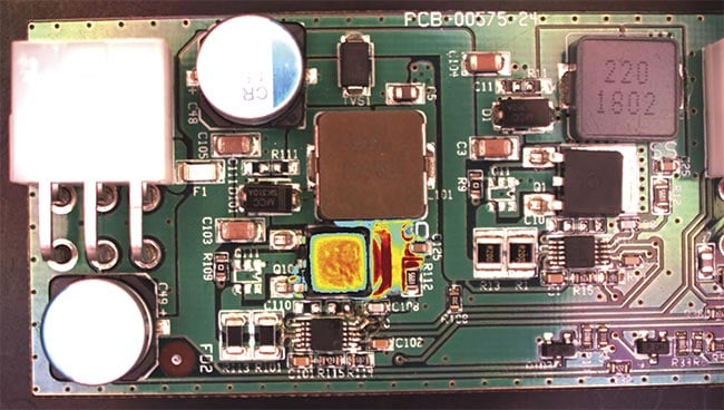 A multispectral lighting system uses four color channels (red, green, blue, and 365 nm) (top) to help produce an image with a fluorescence intensity map overlaid onto a composite color image in a real-life printed circuit board inspection application (bottom). Courtesy of Smart Vision Lights.