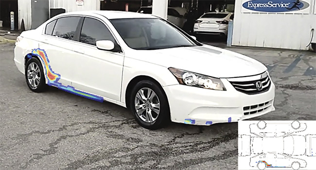  The heat map function is applied to an image of a vehicle exterior. Top-down and side views (inset) indicate the same damages in a different platform. Fyusion’s AI Lightfield Information Suite (ALIS) engine powers a sensor fusion mechanism that allows the company to process and deliver visual data captured via smartphone. Courtesy of Fyusion.