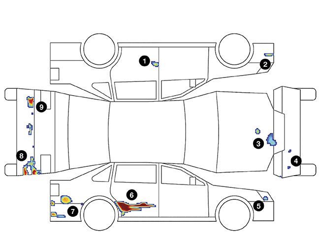 Fyusion’s Inspect3D image analysis platform enables a top-down image view option. It also allows users to acquire 3D images simply by walking around the perimeter of a vehicle. The multidimensional approach for vehicle inspection provides a heat map that indicates areas of damage and the level of severity of each imperfection. Courtesy of Fyusion.