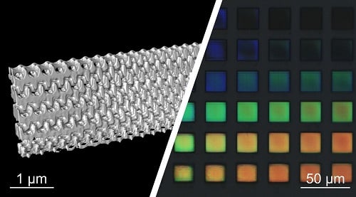 Electron microscopic reconstruction of a 3D nanostructure printed with the 2-step absorption process (l) and light microscopy (r). Courtesy of professor Rasmus Schröder, University of Heidelberg, and Vincent Hahn, KIT.