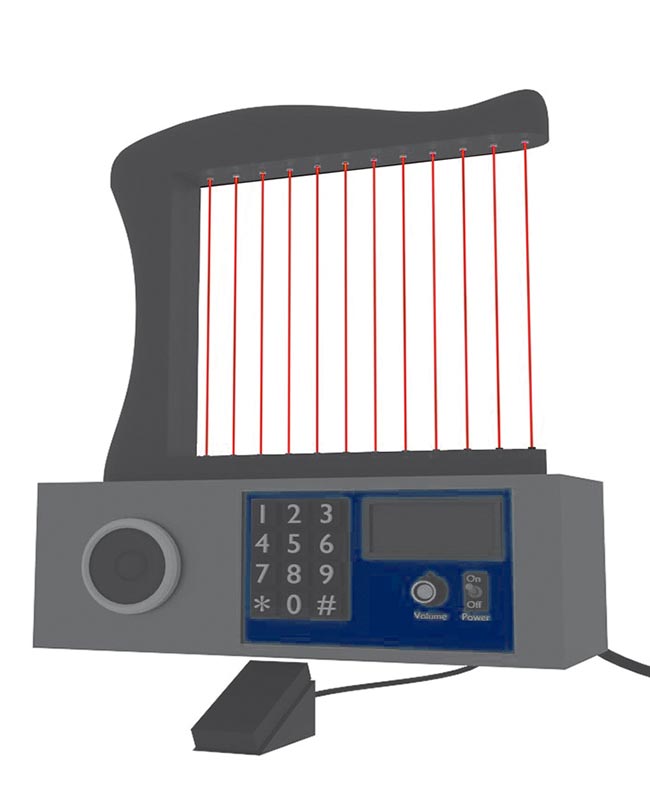 Depiction of the Laser Harp, featuring a volume adjustment option and a foot petal. The strings in the system are laser diodes. Courtesy of Kathryn Talabucon via Calico Communications.