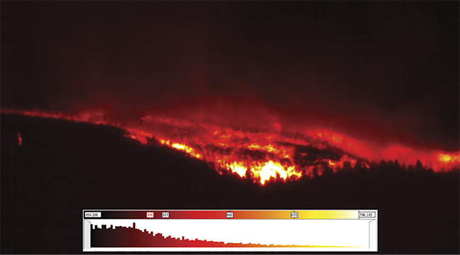 A Telops M150 camera is aimed at a U.S. Forest Service-prescribed fire in Utah in October 2019 (top). An IR image of the same burn (bottom). Courtesy of Craig Clements.