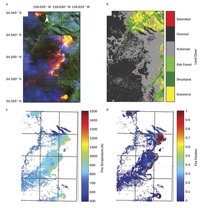 A color composite of data captured by JPL’s AVIRIS over parts of the active 2003 Simi fire in California (a), along with information about land cover (b), fire temperature (c), and fire fraction (d). See Reference 1. Courtesy of Sander Veraverbeke.