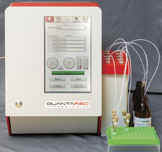 Figure 1. A QCL-based urine analyzer from QuantaRed Technologies that features two combined distributed feedback (DFB) QCLs developed by Alpes Lasers. The analyzer was developed within the NUTRISHIELD project, which received funding from the European Union’s Horizon 2020 research and innovation program under grant agreement No. 818110. Courtesy of QuantaRed Technologies GmbH.