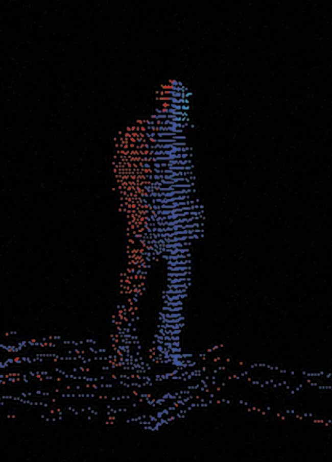 A velocity map of a pedestrian turning toward the street. Blue indicates the portion of the body facing away from the sensor. Red indicates the portion of the body facing toward the sensor. Measurement is sensitive enough to predict gestures and movement, adding a layer of safety. Courtesy of Insight LiDAR.