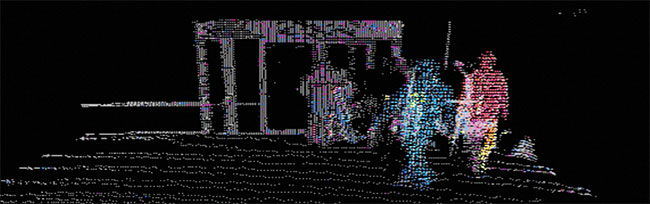 While human drivers have some ability to predict future risk, such as a person breaking from a crowd (top), an AV system requires ultrahigh-resolution lidar and direct velocity measurement to pick up similar visual cues. A velocity map (bottom) of the same pedestrian (orange) identifies him as moving toward the sensor. Courtesy of Insight LiDAR.