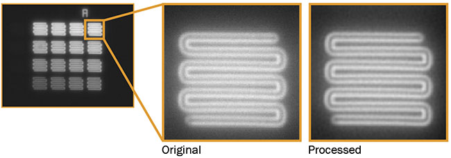 Figure 9. AI and deep learning software are introducing new ways to reduce temporal noise in images. A persistent fluorescence carrier with small, 8.5-µm structures of varying intensity was imaged on a microscope. Exposure time: 1 s; gain: 24 dB 2×2 average binning; 40× magnification (left and center). Temporal noise is reduced by AI-based image processing (right). Courtesy of Basler AG.