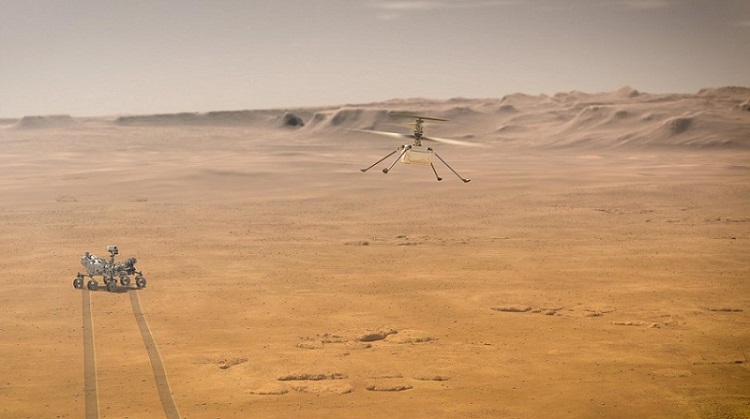 Artist’s concept of the Perseverance rover filming the Ingenuity Mars Helicopter’s flight. Courtesy of NASA/JPL-Caltech.