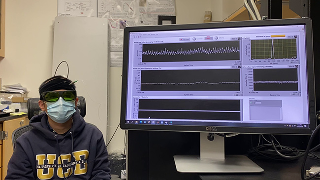 A volunteer tests the functional interferometric diffusing wave spectroscopy method, used to detect blood flow and activity within the brain. Courtesy of Wenjun Zhou, UC Davis.