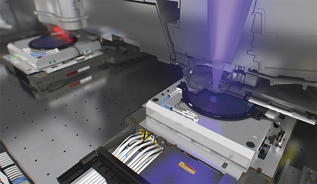 A rendering of one of ASML’s EUV lithography systems during wafer-stage exposure. Next-generation EUV systems can achieve 15× smaller wavelengths than their DUV predecessors by leveraging CO2 laser-produced plasma light sources. Courtesy of ASML