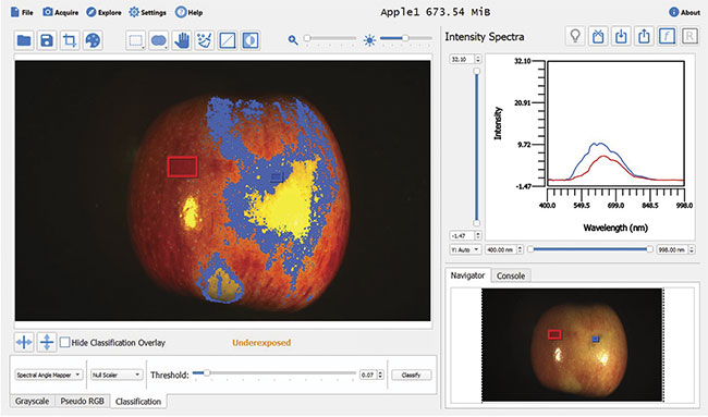 Hyperspectral imaging can detect blemishes in food products — and other defects that would otherwise be invisible to the naked eye — such as an apple bruise, shown in false color (left). The data analysis is based on the visible-NIR spectral response (top right). Courtesy of HinaLea Imaging.