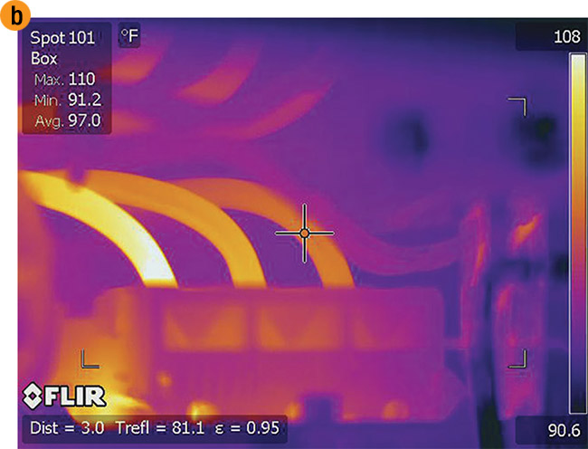 Thermographic images of the three-connector architecture located in Chevron’s refining and manufacturing facilities (a, b, c). Pixilation of the obtained images, compared to images on which the AI model is trained, inform analysts of connection-point temperatures and any abnormalities. Numerical values shown at the top left of (a), (b), and (c) correspond to the pixel range contained anywhere in the scene of each image. The values on the right of each image provide the model with the data that it processes to make determinations about connection-point temperatures. Examples (b) and (c) show a pixel range that would result in an email being sent to an analyst to trigger their further review. Courtesy of Chevron.