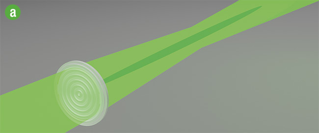 Figure 5. A diffractive axicon-type phase mask for generating Bessel (‘needle’) beams that have an extended zone of high intensity (a). A linear binary phase grating for generating periodic patterns by mask projection (b). A circular phase plate for generating a modified axial focus geometry (for example, zero intensity in the center of the focus) (c). Courtesy of IFNANO.