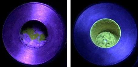 Ball-milling the mixture of polystyrene and pre-fluorescent radical reactants yielded luminescent polymers. Photos show the mixture before (left) and after (right) the reaction, under UV light. Courtesy of Koji Kubota et al.