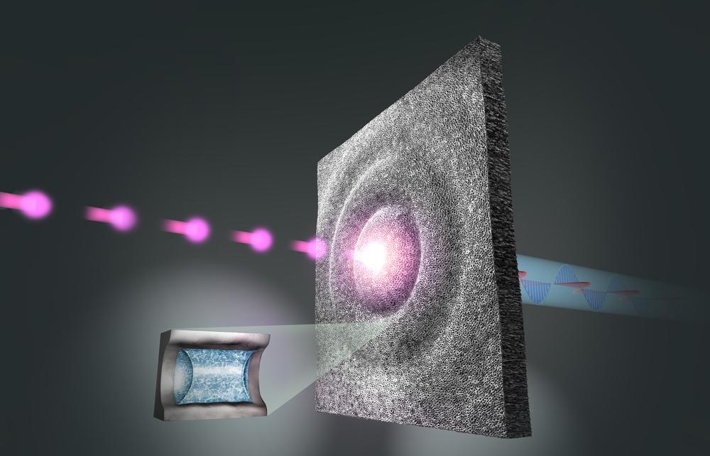 Similar to droplets hitting a water surface, short laser pulses lasting only a fraction of a billionth of a second excite a nanoporous silicon membrane to vibrate in the ultrasound range. The elastic wave propagation in the membrane, whose nanopores are filled with a liquid, is detected interferometrically with a second laser, so that a non-contact and non-destructive mechanical characterisation of the hybrid nanomaterial is possible. The membrane illustration is based on electron micrographs of nanoporous silicon with a pore diameter of 7 nm. Illustration courtesy of TUHH/DESY/Künsting.