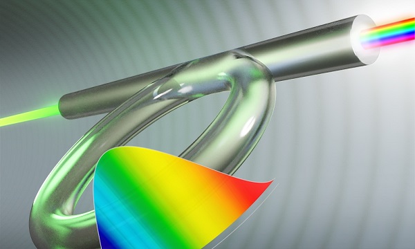 An illustration of the optical fiber Kerr resonator, which Rochester researchers used with a spectral filter to create highly chirped laser pulses. The rainbow pattern in the foreground shows how the colors of a chirped laser pulse are separated in time. Courtesy of the University of Rochester / Michael Osadciw.
