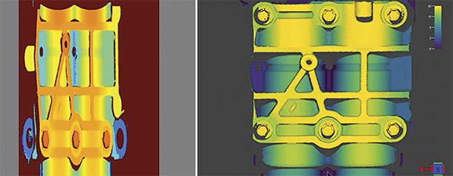 A 2D height map (left) and a 3D point cloud (right). Notice the difficulty in the height map in determining what is on top versus on the bottom when color is the only gauge for height information. In the 3D point cloud projection, true volumes are displayed and high points are highlighted in light colors, just as they would be in a real-world scene. Courtesy of Cognex Corp.