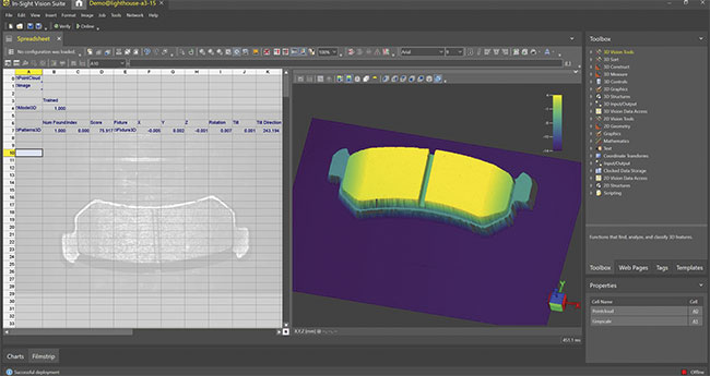 The In-Sight Vision Suite running inspection analysis on a brake pad clearly shows the planarity of the pad at key inspection points, leaving no doubt as to whether the pad material is raised above or below the supporting metal. Courtesy of Cognex Corp.