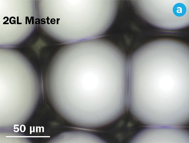 Figure 2. A 2GL master for diffuser optics (a). A wafer-level diffuser master scaled by S&R (b). Nanoimprinted diffuser optics (c). Courtesy of EV Group and Nanoscribe.