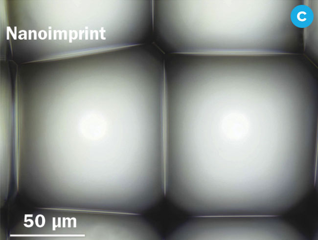 Figure 2. A 2GL master for diffuser optics (a). A wafer-level diffuser master scaled by S&R (b). Nanoimprinted diffuser optics (c). Courtesy of EV Group and Nanoscribe.