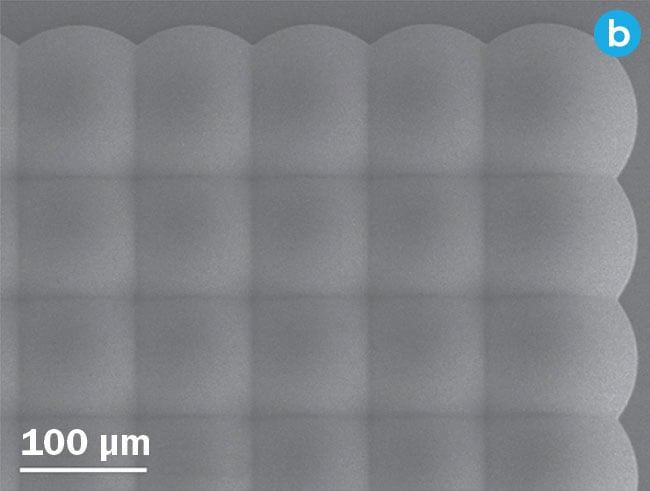 Figure 3. A nanoimprinted moiré lens (a). A microlens array (b). A freeform lens (c). Courtesy of EV Group and Nanoscribe.
