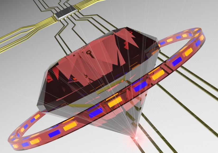 Artist's impression of a diamond building block in a future photonic circuit. The red color emphasises the germanium vacancy centres emitting at the red spectral range and the ring illustrates the cavity. Courtesy of University of Technology Sydney (supplied). Image: supplied.