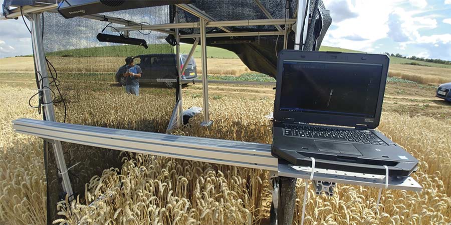 The National Physical Lab (NPL) mobile 3D imaging demonstrator platform, equipped with four Photoneo scanners and a control laptop, performs a test prior to its deployment on a farm vehicle. Courtesy of Richard Dudley/NPL.
