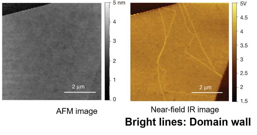 The image at left of a graphene surface was taken using atomic force microscopy. The much more detailed image at right was taken by adding infrared light to the setup through a new laboratory tool known as near-field infrared nanoscopy and spectroscopy. Assistant Professor Long Ju has built customized versions of that tool for MIT. Courtesy of Long Ju.