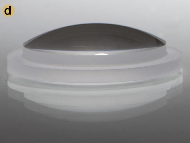 The polishing complexities of intricately shaped parts can extend delivery times for imaging system designers (a, b). Lenses that have notched step cuts in their spherical surfaces (c), or truncated sides (d), can add to cost and should be avoided if not absolutely required by the application. Courtesy of PFG Precision Optics.