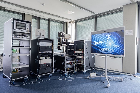 The technology setup on the Federal Ministry of Education and Research’s side to conduct the quantum-secured video call. Courtesy of Fraunhofer IOF.
