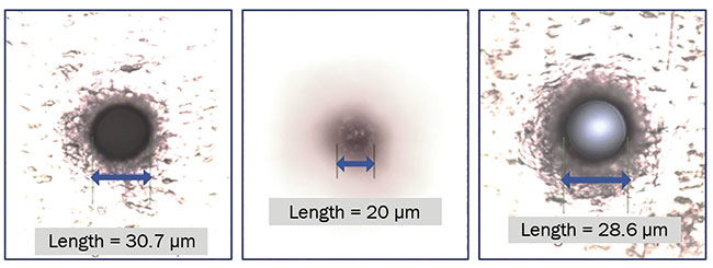 Figure 4. A blind via in a copper/modified polyimide/copper laminate with the microscope focused on the top copper (left) and bottom copper (center). A through via is imaged at the top copper surface (right). Courtesy of MKS Instruments.