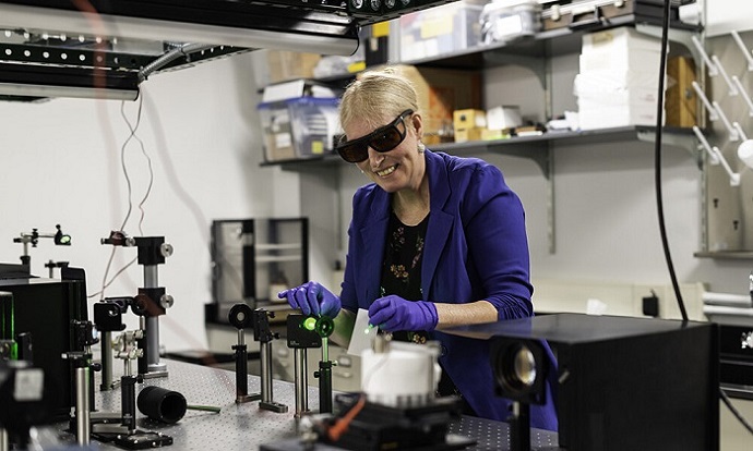 Using pulsed lasers in liquids is an 'indispensable tool' for discovering catalysts, says Astrid Müller, an assistant professor of chemical engineering, whose background includes work in lasers, materials, and electrocatalysis. Courtesy of J. Adam Fenster, University of Rochester.