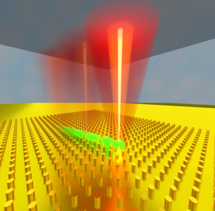 A rendering of the low frequency electrothermoplasmonic tweezer device in action. Courtesy of Justus Ndukaife.