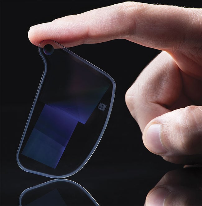 Waveguides can be fabricated with form factors similar to eyeglass lenses to combine virtual and real images in see-through augmented reality applications. Courtesy of Dispelix.