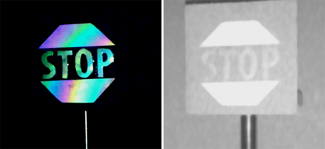 Visible (left) and infrared (right) images of a panel created using micro-scale concave interfaces to form the word STOP and other elements.  The infrared image was taken using a lidar camera.  Courtesy of Jacob Rada, University of Buffalo.