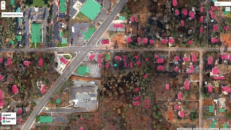 The DamageMap application identifies buildings as damaged in red or not damaged in green. Researchers developed the platform to provide immediate information about structural damage following wildfires. Courtesy of Galanis et al.