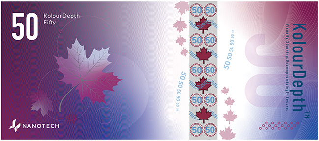 Optical metamaterials apply to more than optical elements. The technology’s high-volume scalability and its ability to control light in unique ways on very thin substrates offer new options for enhancing the security and authenticity of banknotes. Courtesy of Meta Materials.
