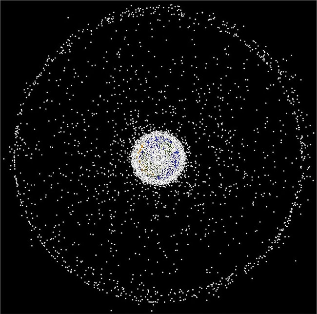 A computer-generated image of space debris currently being tracked (above). Millions of pieces of debris remain undetected. Courtesy of NASA ODPO.