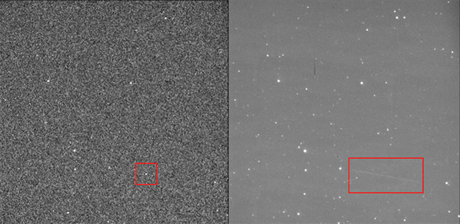 Typical results obtained by a staring imager when it is applied to space debris detection. A short exposure shows debris as a speck (left), whereas a long exposure shows it as a streak (right). The streak is fainter than other objects due to the accumulation of noise from the background. Courtesy of Nüvü Cameras.