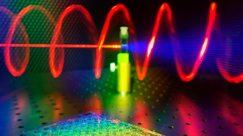 Upon illuminating chiral semiconductor nanoparticles with circularly polarized light (in red), third harmonic Mie scattering light streams out (in blue). The illustration shows a microplate well in the foreground, while in the background a tested sample receives red laser light and releases twisted blue light.  Courtesy of Ventsislav Valev, Kylian Valev, and Lukas Ohnoutek, University of Bath.