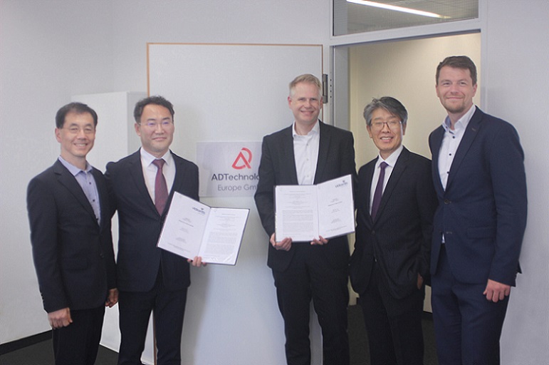 From left: James Lee, senior vice president strategic marketing of ADTechnology; JK Park, CEO of ADTechnology; Hans-Joachim Stolberg, CEO of videantis; HY Lee, general manager ADTechnology Europe; Christoph Averhaus, CFO of videantis. Courtesy of videantis.