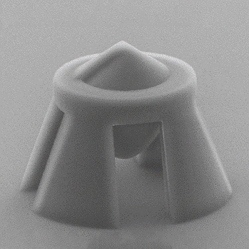 A scanning electron microscopy image of the high-quality, complex polymer optical device is shown. Fabricated directly on the end of an optical fiber, it includes both a parabolic lens for light collimation and a twisted axicon optic that twists the light. Courtesy of Shlomi Litman, Soreq Nuclear Research Center.